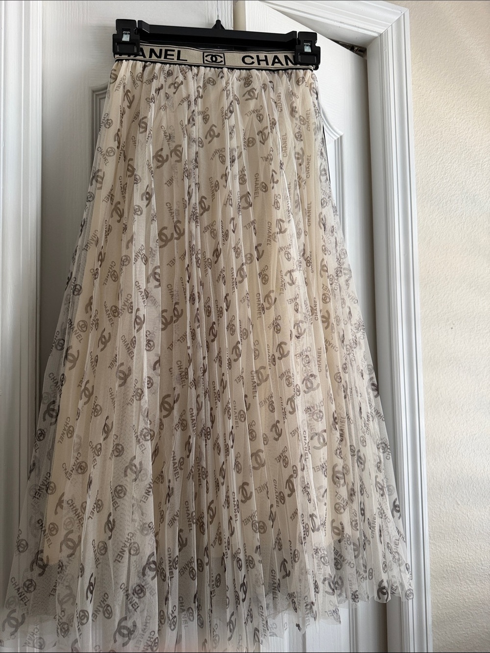 Chanel Beige Logo Midi Tulle Skirt with Elastic Waistband